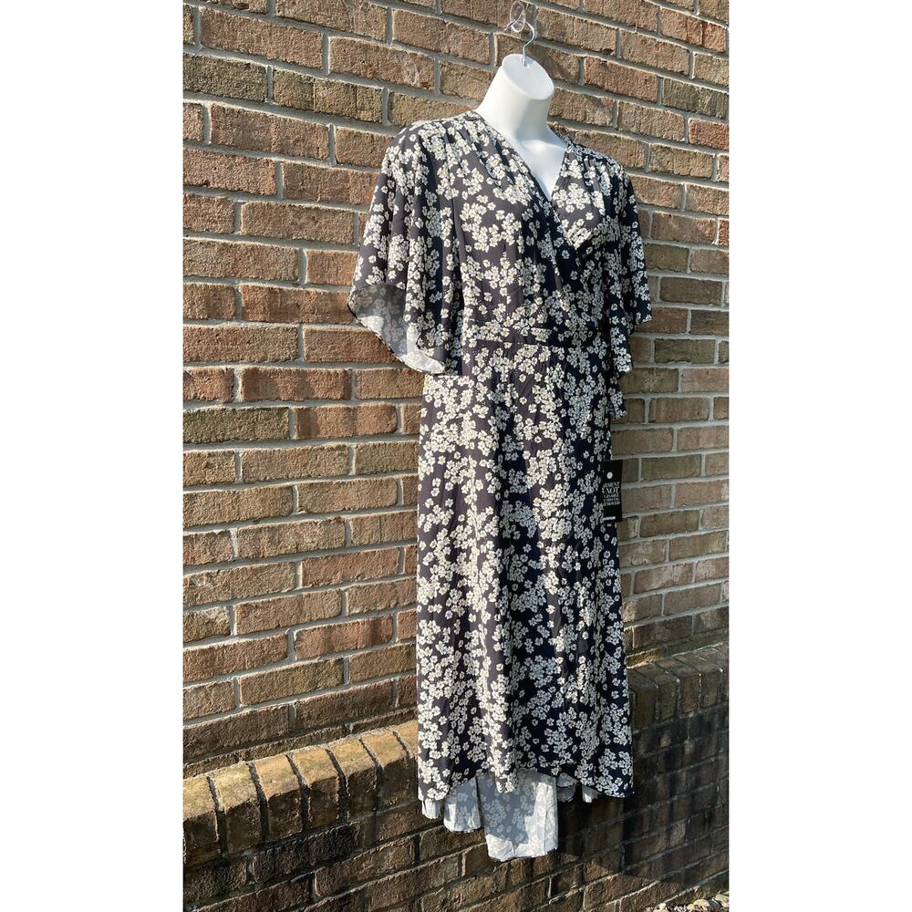 Flutter Sleeve Empire Waist Cottagecore Black Mono Floral Chiffon Wrap Dress 22